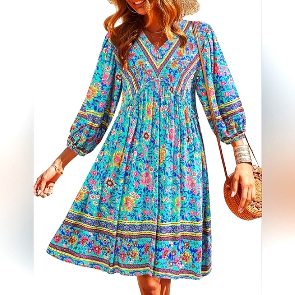 BOHEMIAN STYLE BABYDOLL Yellow & Blue Tiered Mini Dress with V-Neck NWOT SIZE S - Picture 2 of 9